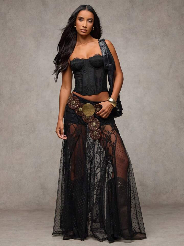 SHEIN BAE White Lace See-Through Low-Waist White Skirt, Women Country Music Concert/Beach Resort ... | SHEIN