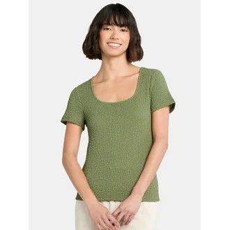 Time and Tru Women's Square Neck Pucker Tee with Short Sleeves, Sizes XS-XXXL | Walmart (US)