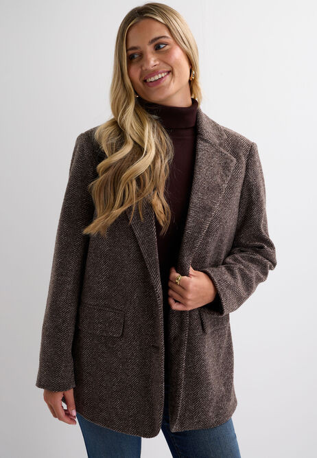 Womens Brown Herringbone Button Front Blazer | Peacocks