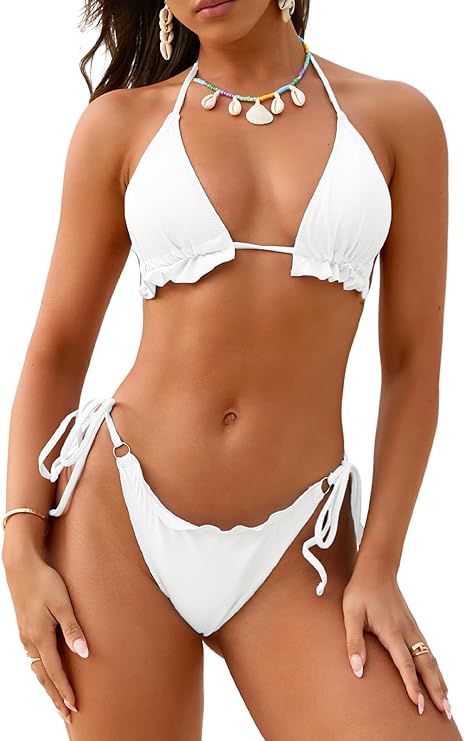 Women Triangle Halter Thong Bikini Set Ruffle Sexy String Two Piece Swimsuit Bathing Swimwear | Amazon (US)