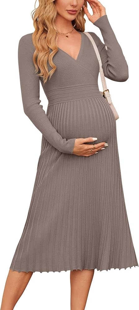 OUGES Womens 2024 Fall Maternity Dress Long Sleeve Wrap V Neck Pleated Midi Dress Casual Sweater ... | Amazon (US)