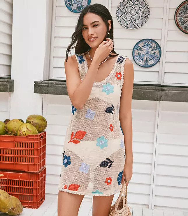 LOFT Beach Floral Crochet Mini Swimsuit Coverup Dress | LOFT