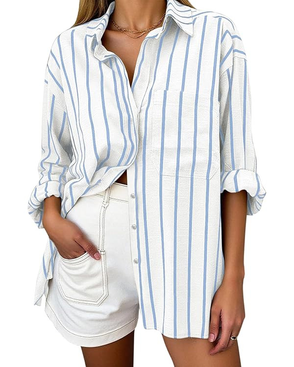 Oversized Button Down Shirts for Women Linen Shirt Long Sleeve Collared Blouses with Pocket Beach... | Amazon (US)