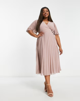 ASOS DESIGN Curve exclusive pleated midi dress with kimono sleeve and tie waist in blush | ASOS (Global)