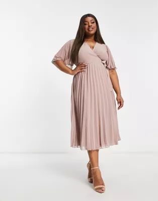 ASOS DESIGN Curve exclusive pleated midi dress with kimono sleeve and tie waist in blush | ASOS (Global)