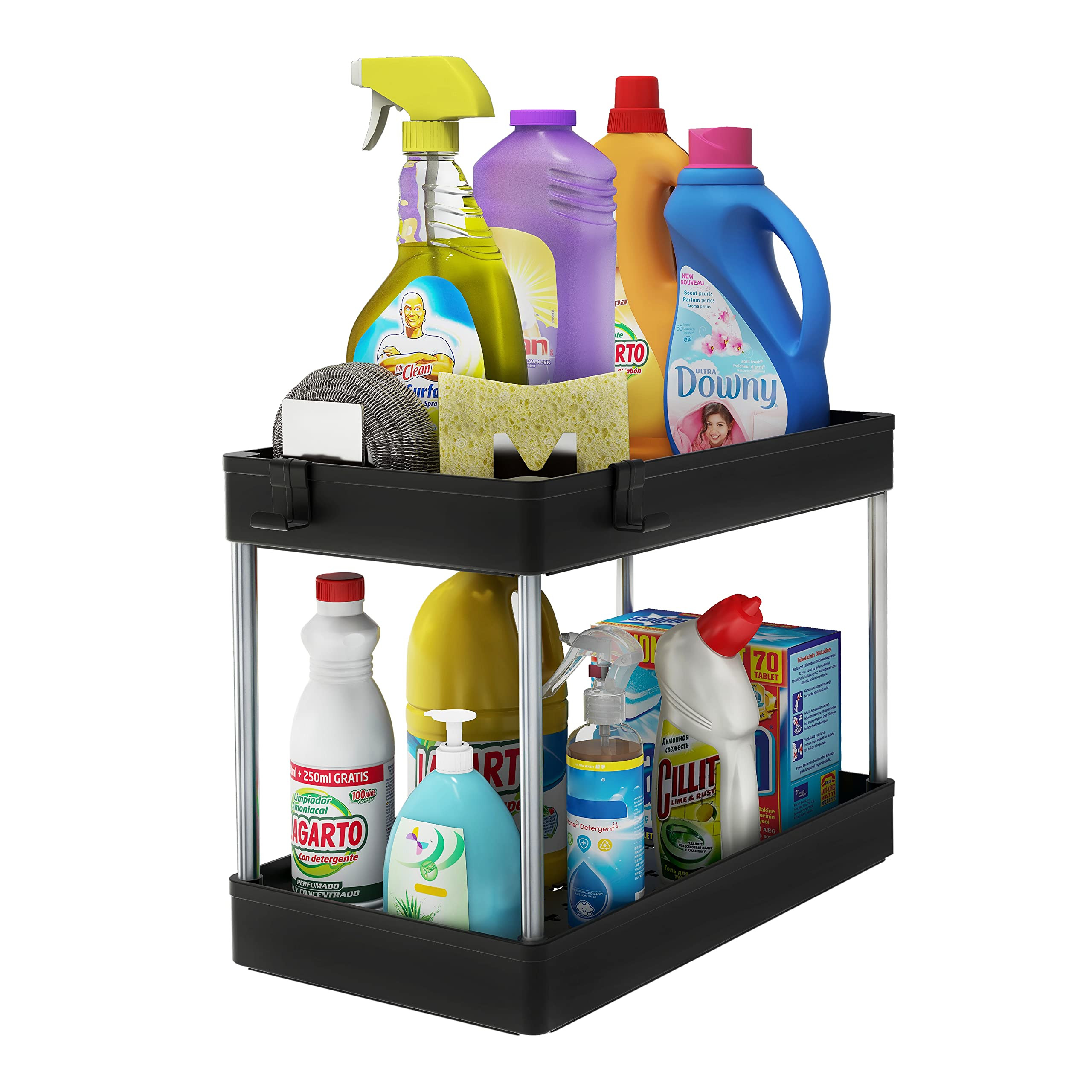 Under Sink Organizer, 2 Tier Bathroom Organizer with 4 Hooks, Multi-purpose Under Sink Storage, C... | Amazon (US)