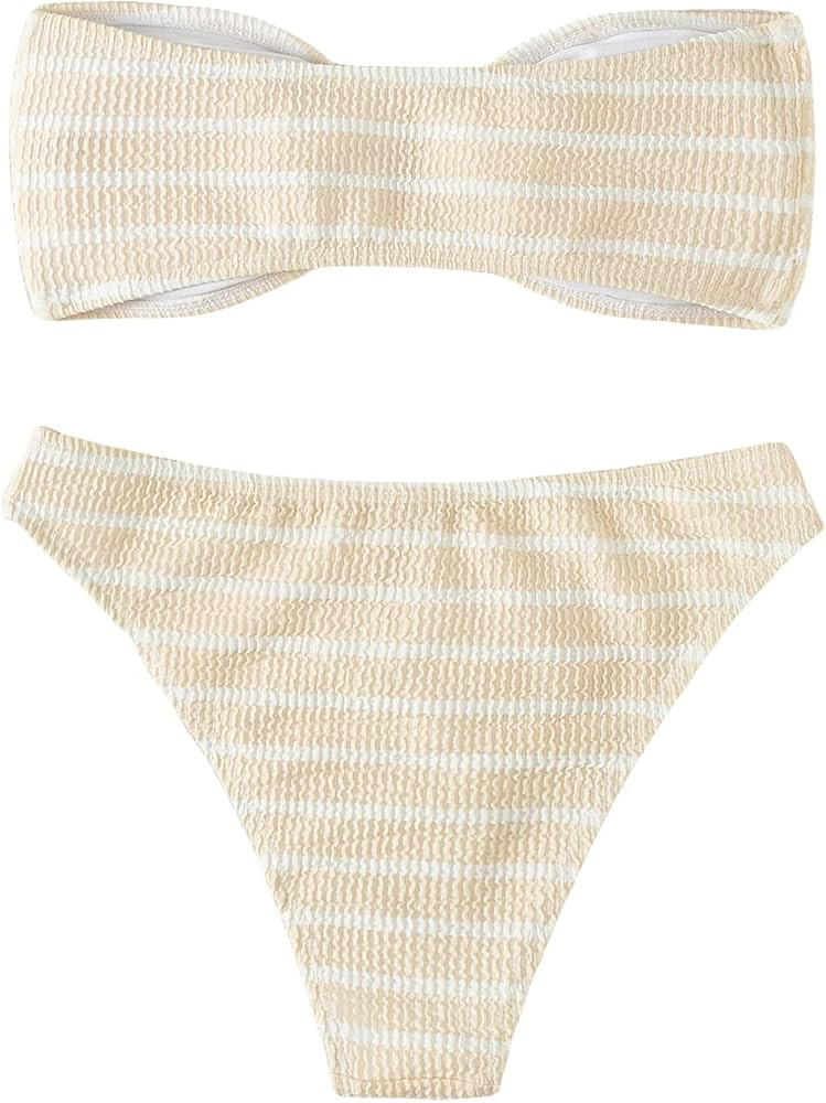 GORGLITTER Women's 2 Piece Strapless Swimsuit Striped Bandeau High Waisted Thong Bikini Set Bathi... | Amazon (US)