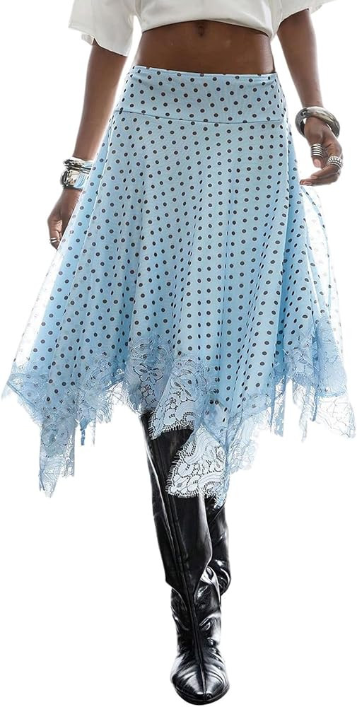 OYOANGLE Women's Polka Dots Midi Skirt Y2K Lace Trim Boho Skirts | Amazon (US)