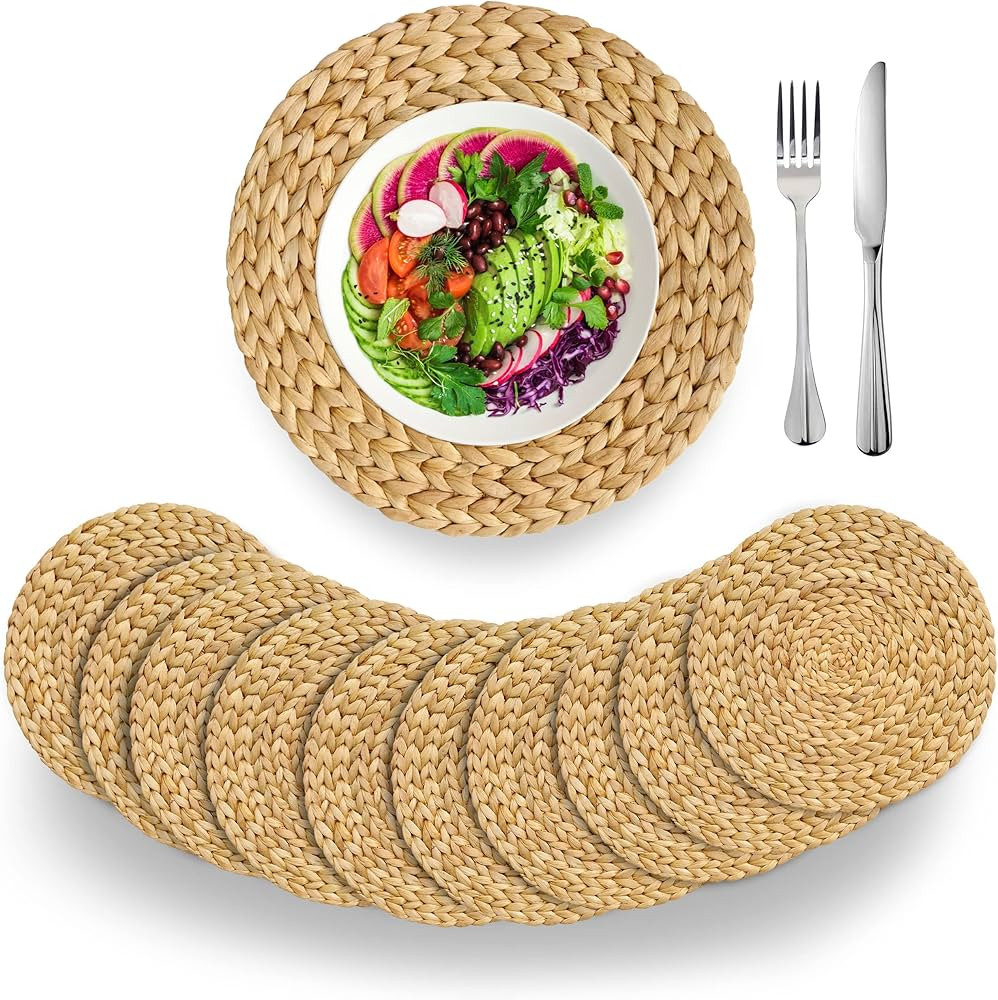 (4 Sizes: 12"-13"-14"-15") BARIEN Woven Placemats Round Set of 10, Natural Water Hyacinth Weave P... | Amazon (US)