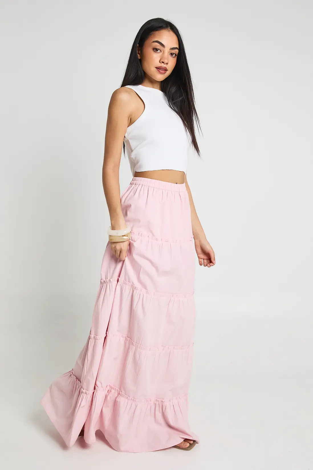 Pink Tiered Cotton Poplin Maxi Skirt | Boohoo | Boohoo.com (UK & IE)