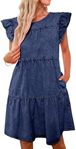 luvamia 2025 Denim Dress for Women Summer Babydoll Sleeveless Ruffle Sleeve Mini Dresses Loose Fl... | Amazon (US)