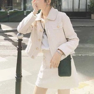 Set: Pocketed Tweed Jacket + Tweed Skirt | YesStyle Global