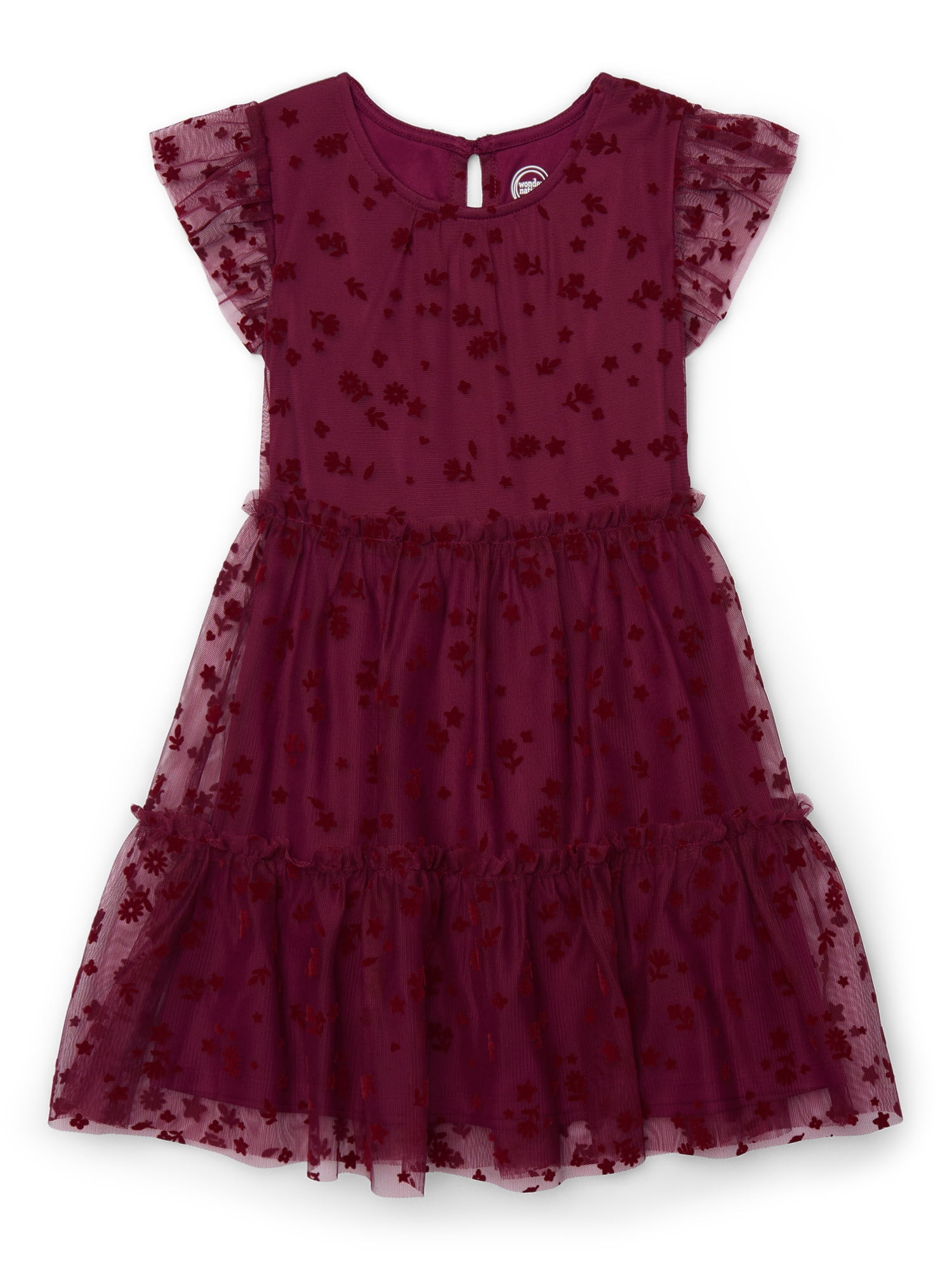 Wonder Nation Girls Tulle Floral Print Dress with Flutter Sleeves, Sizes 4-18 & Plus | Walmart (US)