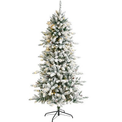 Nearly Natural 6-ft Flocked Livingston Fir Artificial Christmas Tree with Pine Cones and 300 Clear Warm LED Lights | Target