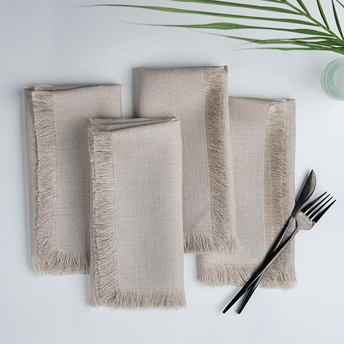 D'Moksha Homes Natural Linen Napkins 20 x 20 Inch - 100% Pure Linen Fringe Cloth Napkins Set of 4... | Amazon (US)