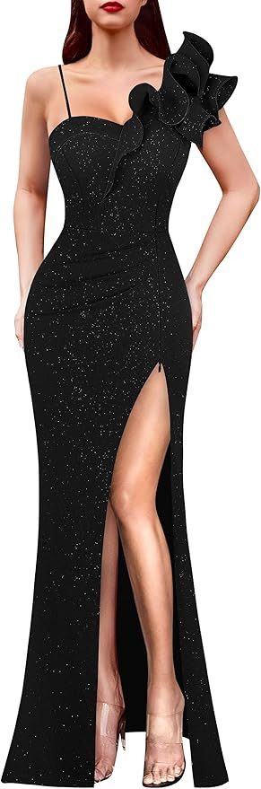 VFSHOW Womens Ruffle One Shoulder Strap Ruched Formal Prom Wedding Maxi Dress V Neck Elegant Spli... | Amazon (US)