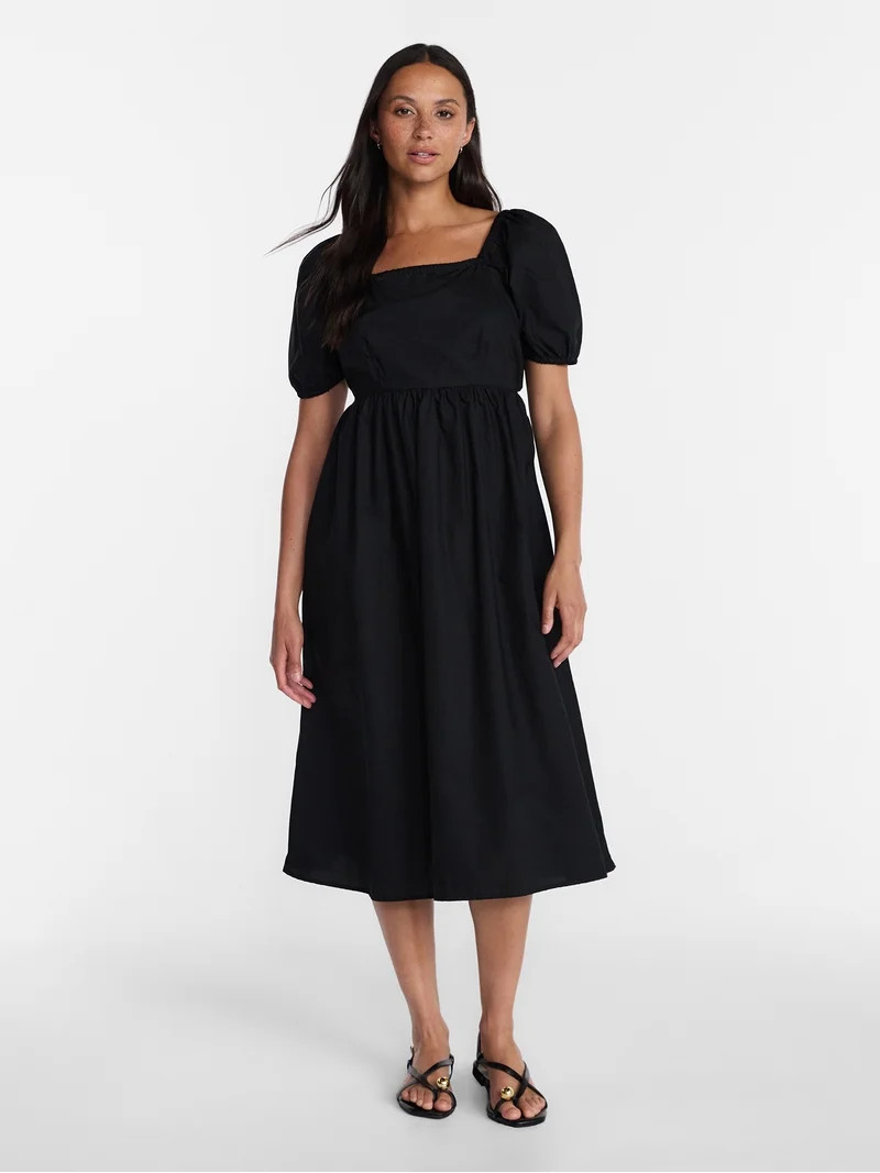 Time and Tru Women's and Women's Plus Cotton Back Tie Midi Dress with Short Puff Sleeves, Sizes X... | Walmart (US)