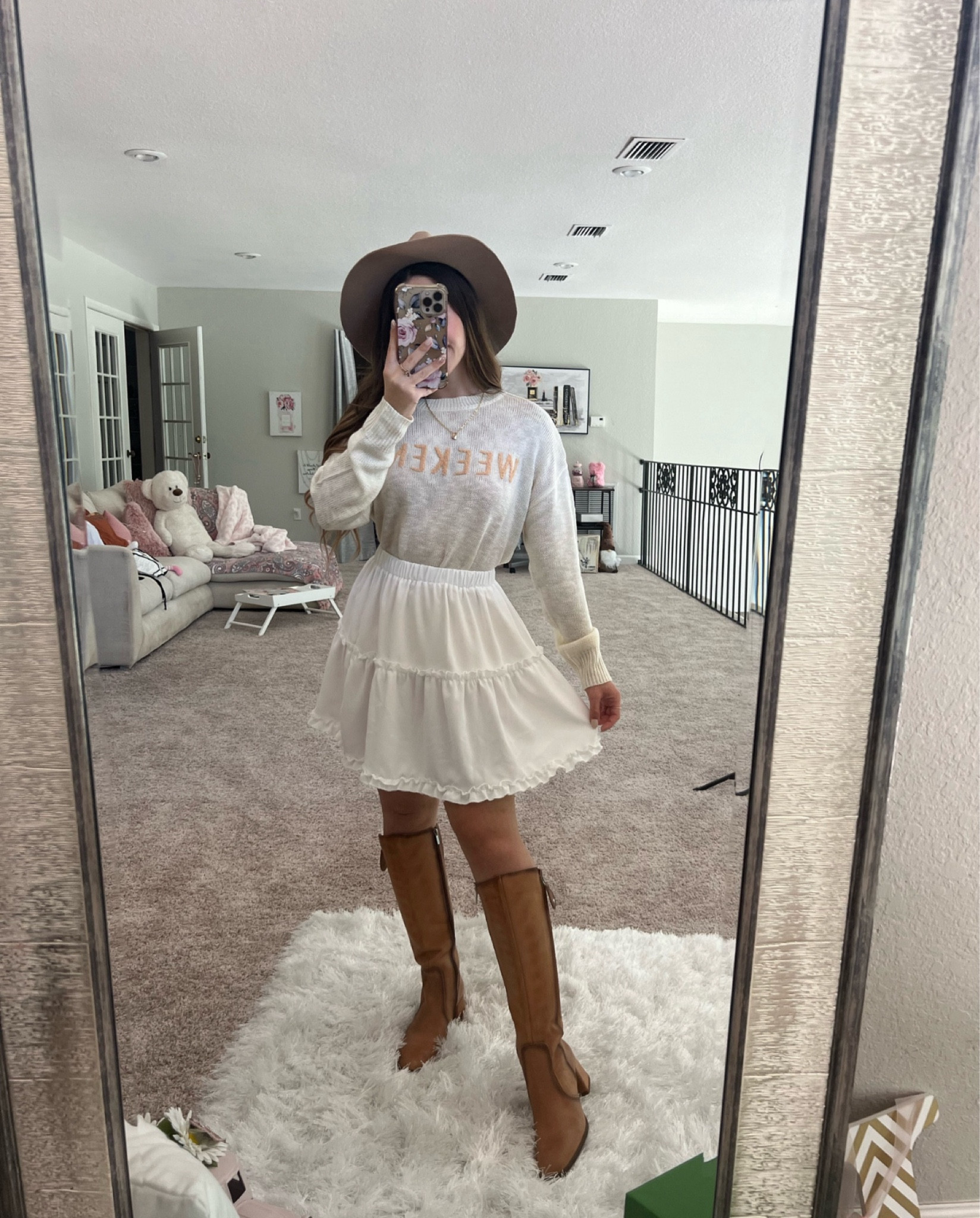 Cutest Weekend sweater from Pink Lily Boutique! Love Pink Lily fall sweaters, this one can go from summer to fall transition (linking a similar one thats in stock). Paired with this gorgeous amazon white skirt, knee high boots, and a fall hat (wide brim hat). Xoxo, Lauren 

#LTKworkwear #LTKunder100 #LTKsalealert #ltku #ltkseasonal