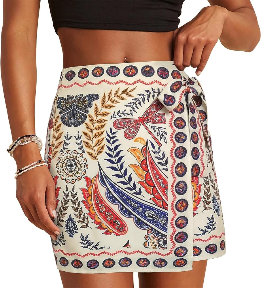 Womens Wrap Skirt Summer A Line Mini Skirts Boho Mermaid Floral Printed Tie Side High Waist Beach... | Amazon (US)