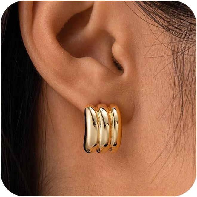 HANLI Chunky Earrings - 14K Gold Plated Statement Knot Geometric Oval Dainty Earrings for Women H... | Amazon (US)