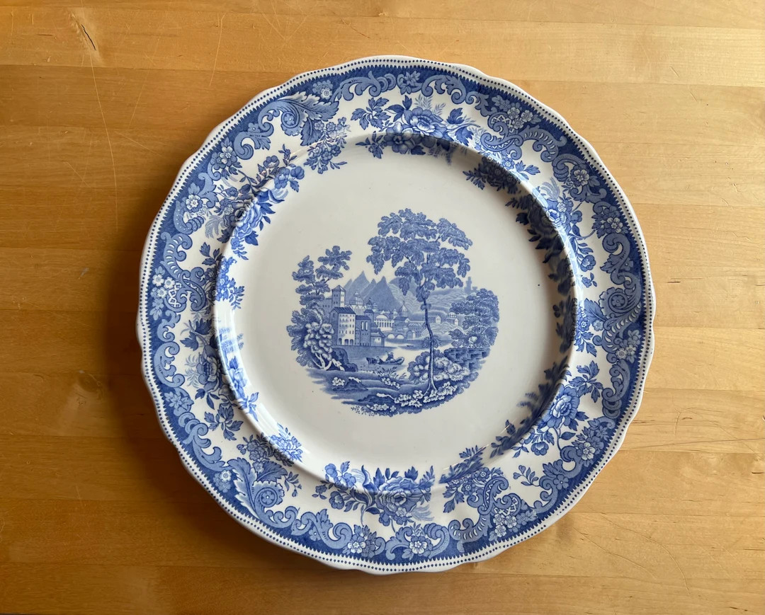 Large Round Serving Plate Cake Plate Copeland Spode Rhine Pattern Blue and White English Stonewar... | Etsy (US)