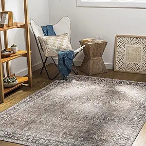 Mark&Day Washable Area Rugs, 8x10 Long Beach Traditional Brown Area Rug, Brown Cream Carpet for L... | Amazon (US)