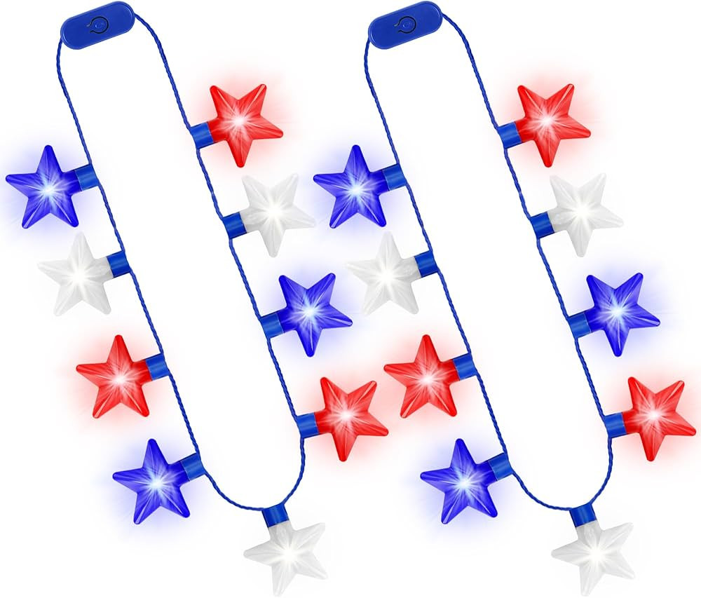 4th of July Accessories, 2Pcs Independence Day LED Holiday Light Up Stars Necklace, Red Blue Whit... | Amazon (US)