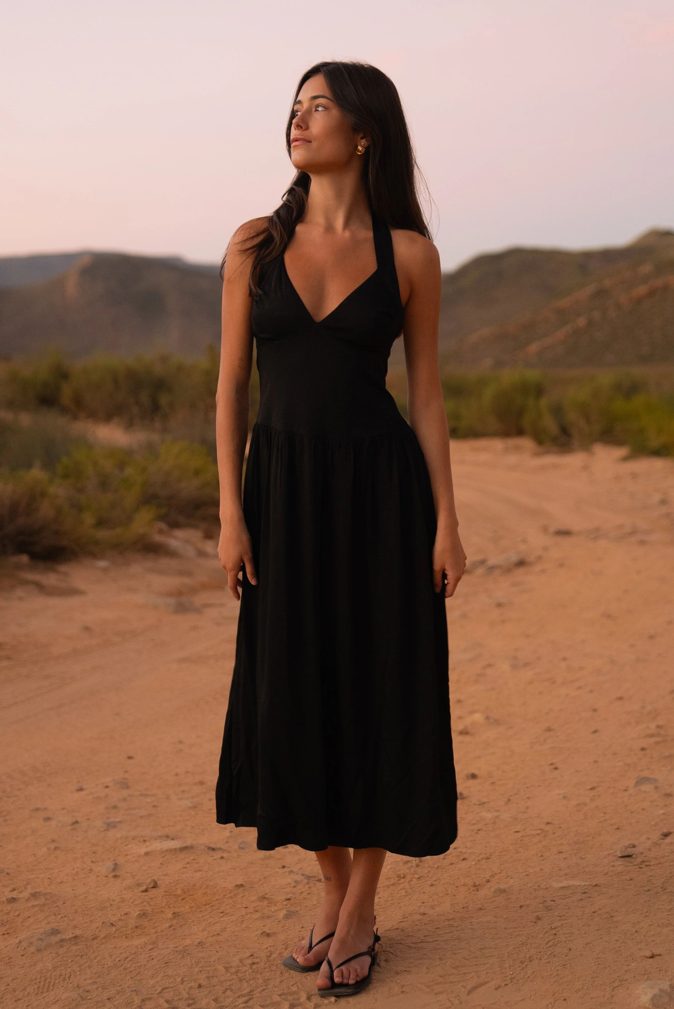 Harriette Halter Midi Dress - Black | MESHKI US