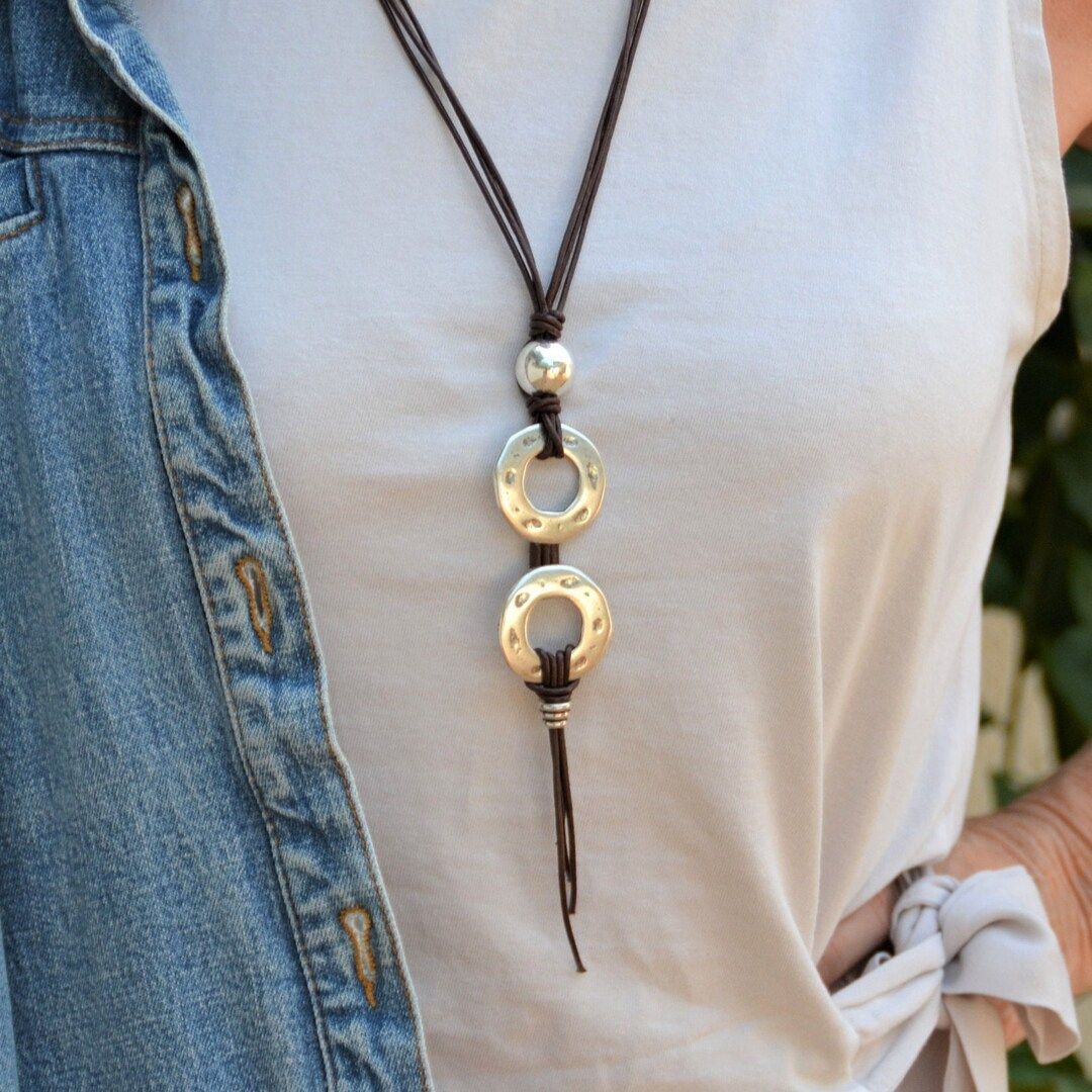 Silver Circle Necklace, Long Boho Tassel Necklace, Bohemian jewelry, Leather Lariat Necklace, Chu... | Etsy (EU)