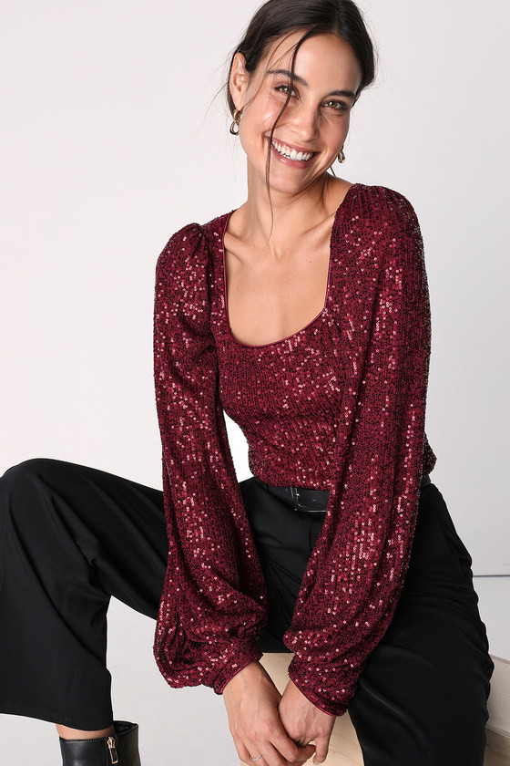 Stay Shining Burgundy Sequin Square Neck Long Sleeve Top | Red Sequin Top | Lulus (US)