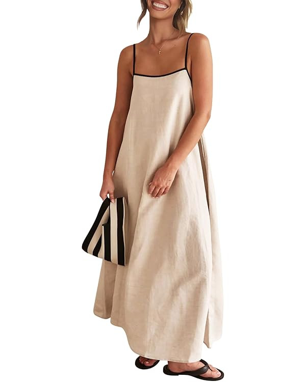 Senllen Women's Linen Dress Summer Loose Flowy Sundress Contrast Spaghetti Strap Sleeveless Backl... | Amazon (US)