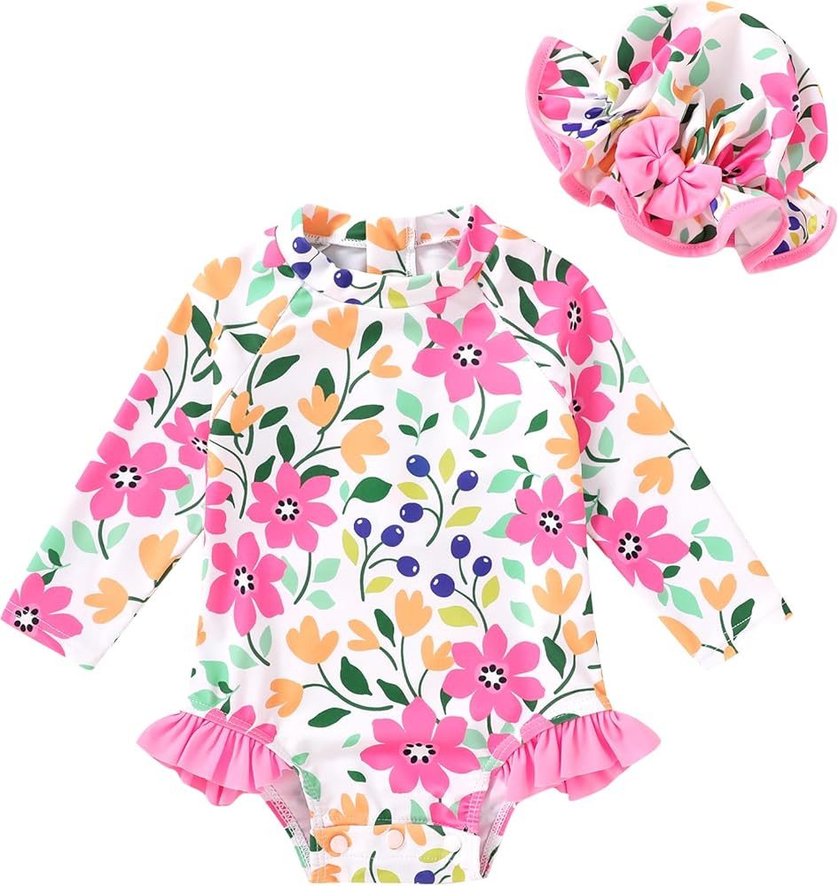 Infant Baby Girl Swimsuit One-Piece Long Sleeve Rash Guard with Hat Set Floral Zipper Bathing Sui... | Amazon (US)