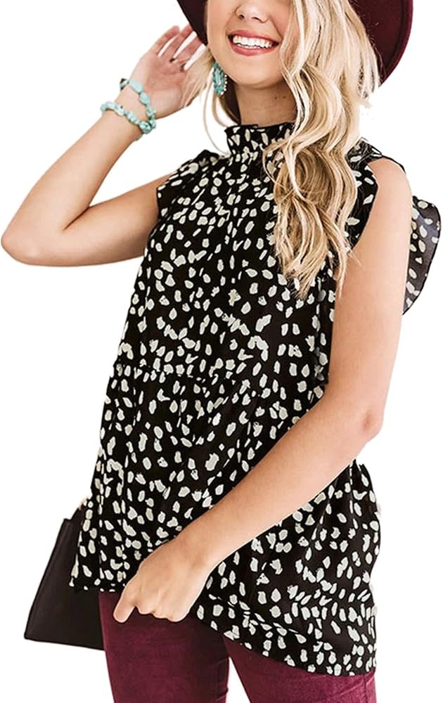 Angashion Women's Tops Casual Floral Print Cap Sleeve Ruffle Neck Loose Babydoll Shirt Blouse Tun... | Amazon (US)