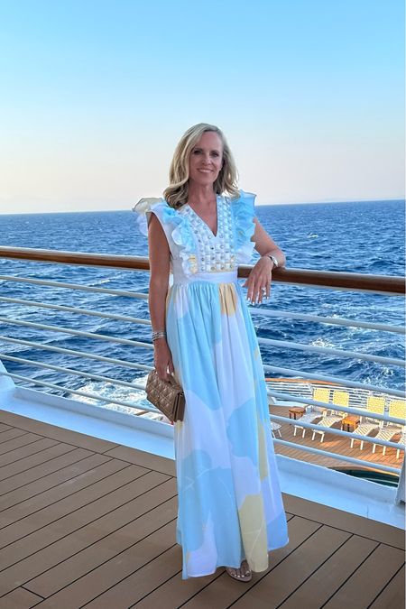 Gorgeous pale blue and white maxi with jeweled neckline from Sheridan French 
Fits TTS
Dior handbag 
Transparent nude mules 

#LTKstyletip #LTKitbag #LTKtravel