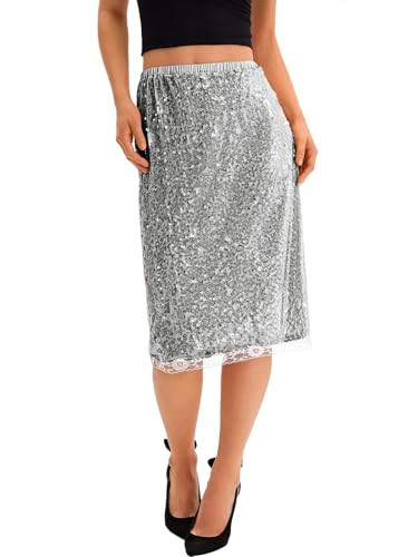 Yousify Womens Sequin Midi Skirts Y2K Elastic High Waisted Lace Trim Sparkly Stretchy Night Out Club Concerts Party Skirt Silver | Amazon (US)