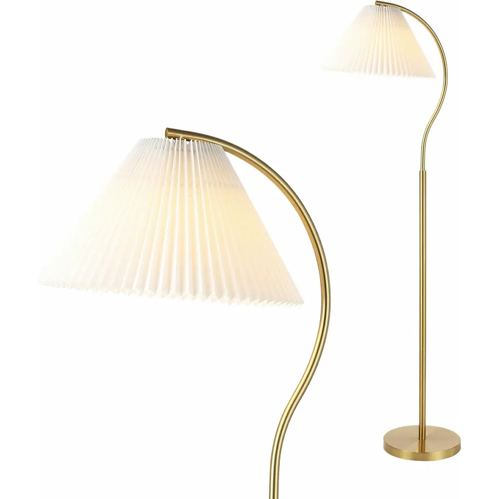 JONATHAN Y Devon Modern Glam Metal Arc LED Floor Lamp with Pleated Shade in Brass Gold at Nordstrom | Nordstrom