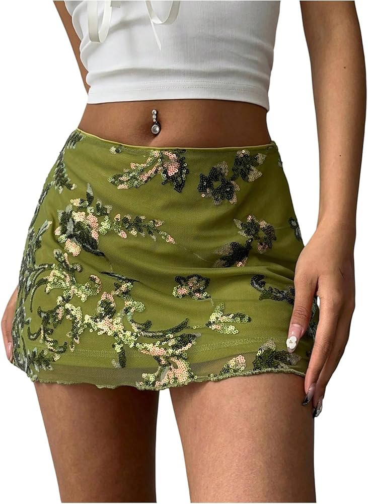 MakeMeChic Women's Sequin Mini Skirt Summer Floral Mesh Skirt | Amazon (US)