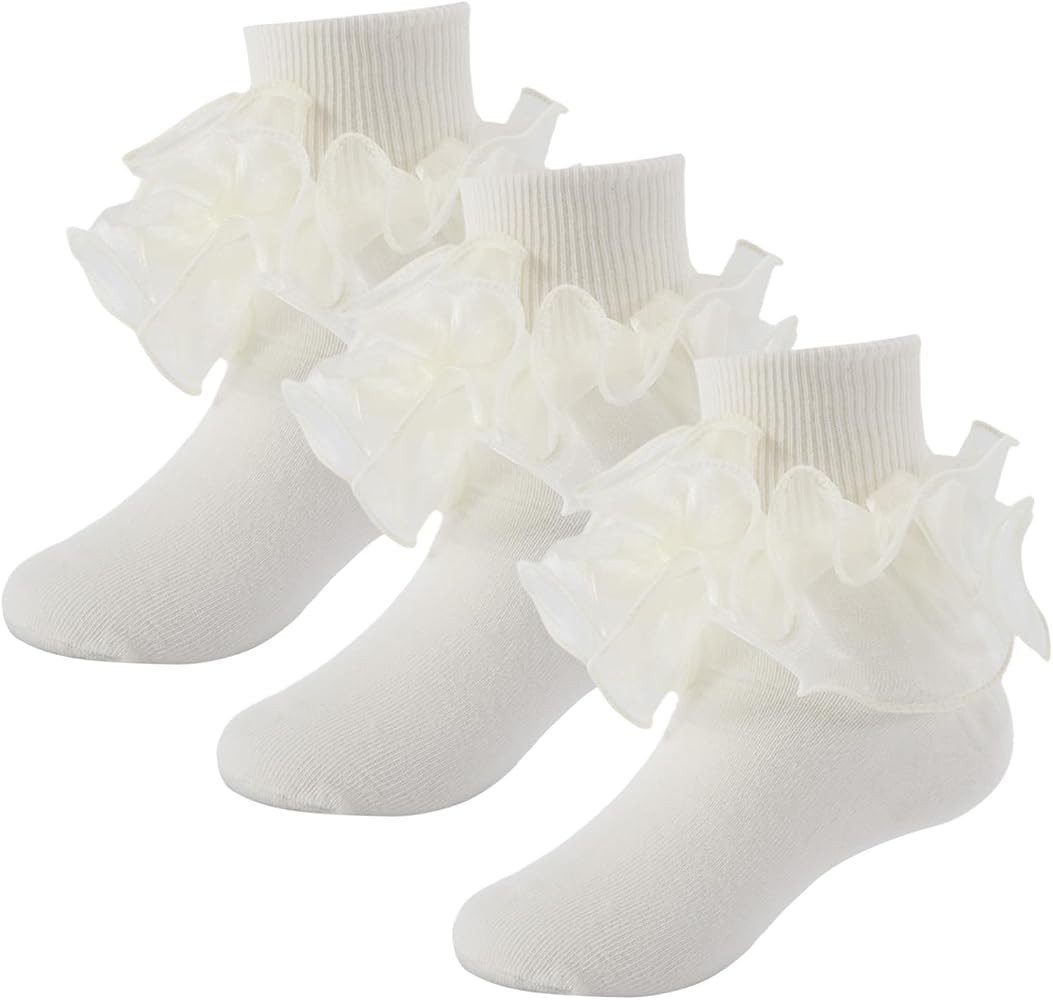 Girls Ruffle Socks Double Lace Turn Cuff Frilly Church Dress Socks | Amazon (US)