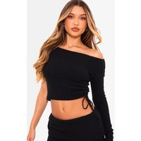 Black Ribbed Knit One Sleeve Ruched Side Top | PrettyLittleThing US