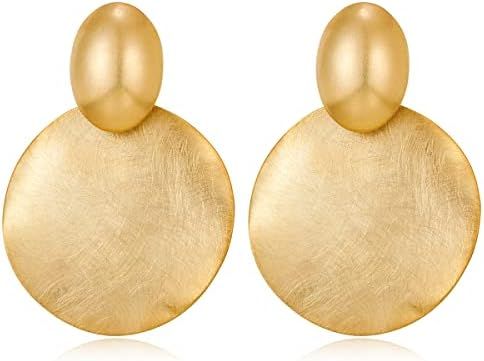 FAMARINE Big Disc Drop Earrings Gold Dangle Earrings Round Hammered Earrings Women | Amazon (US)