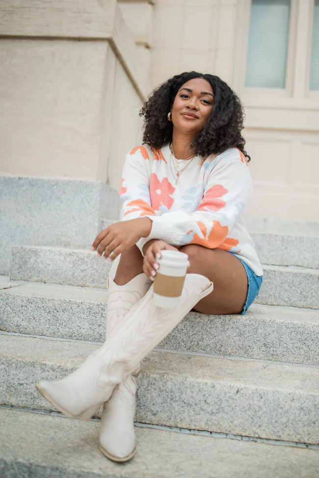 Fact Of The Matter Coral Multi Floral Crew Neck Sweater | Pink Lily