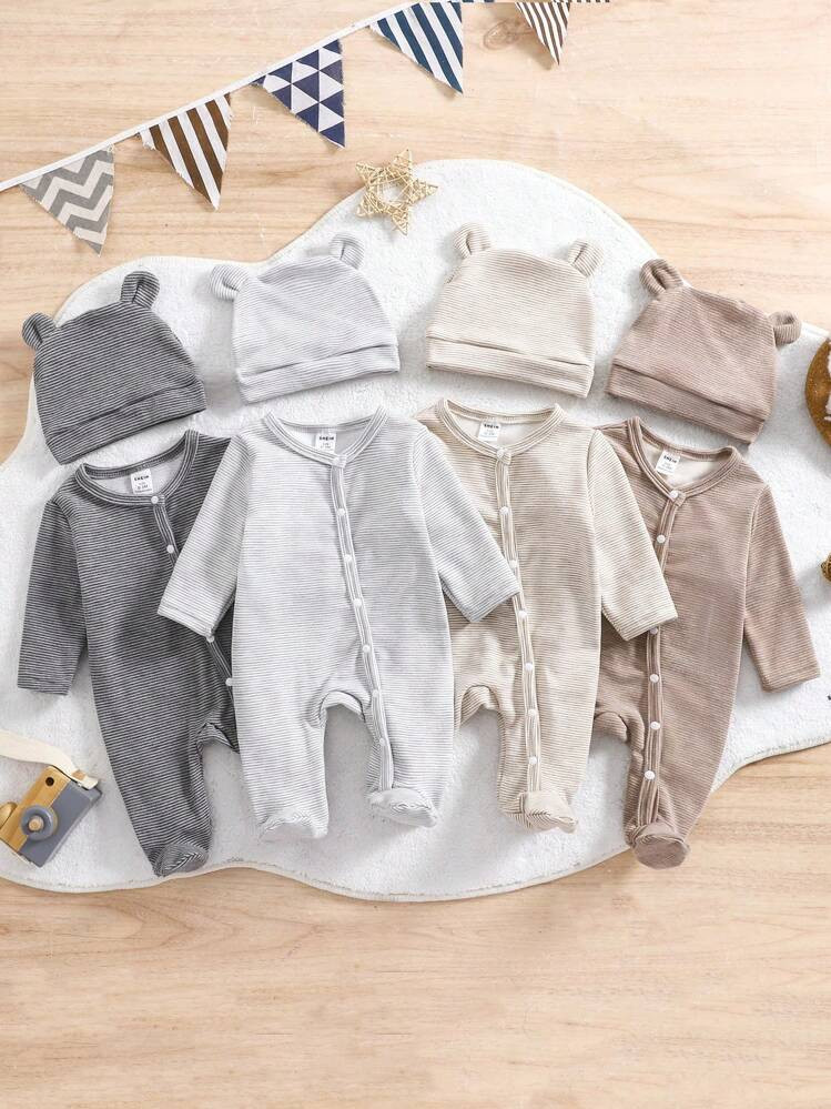 SHEIN Set Da 4 Pezzi Per Neonati, Tuta Intera Con Maglia A Costine A Girocollo, Maniche Lunghe, Pantaloni E Cappello, Tutina Per Autunno/Inverno | SHEIN