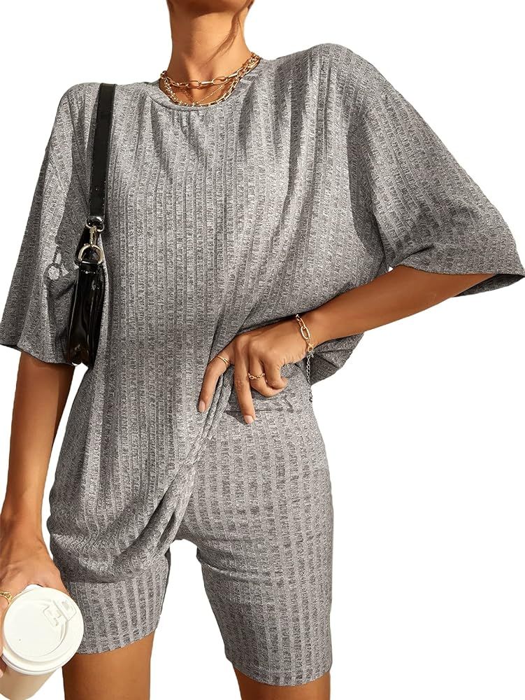WDIRARA Women's 2 Piece Outfits Ribbed Short Sleeve Drop Shoulder Tee And Shorts Set | Amazon (US)