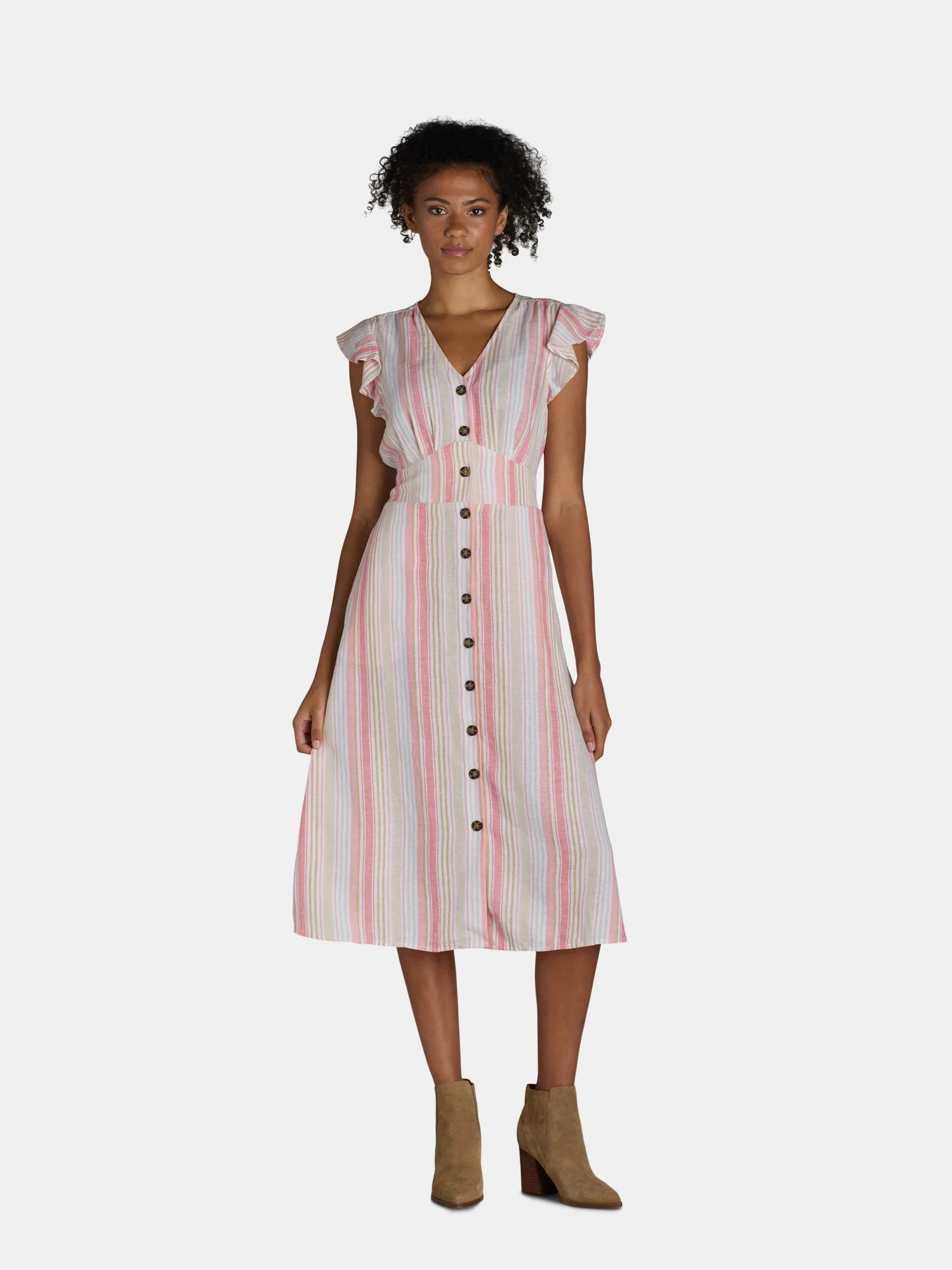 Time and Tru Women's and Women's Plus Midi Dress with Flutter Sleeves, Sizes XS-4X - Walmart.com | Walmart (US)