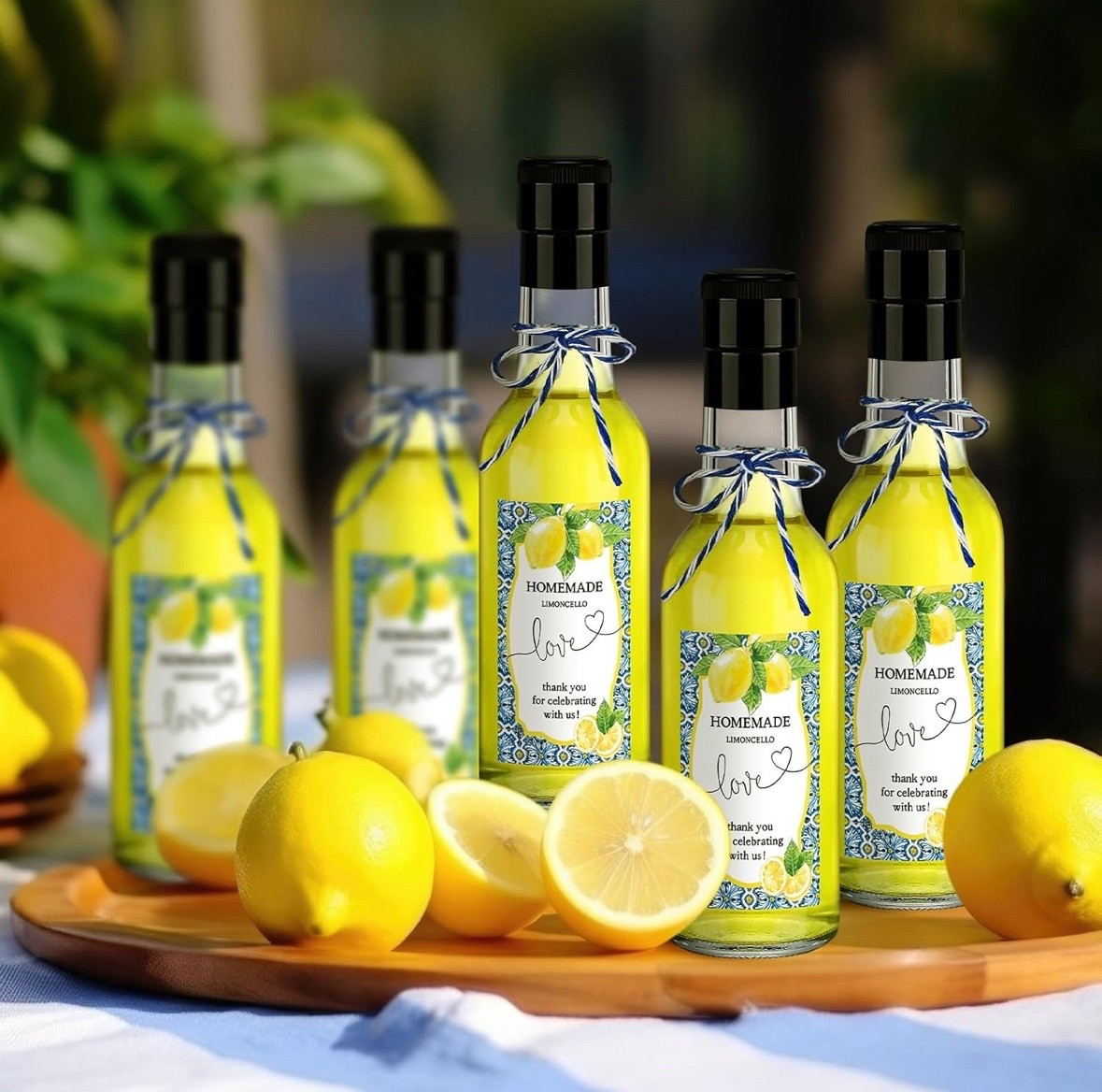 I’ve been spending my spring making homemade Limoncello and it makes a perfect parting gift at parties. 
Recipe
8 medium lemons 
4 cups / 1 liter of 95% proof alcohol 
4 2/3 cups of water 
2.4 lb sugar 
-

1. Wash lemons then using a vegetable peeler, peel the skins. Make sure to only peel the yellow part and not to extract too much of the white pith (the white parts)
2. Place the lemon peels in a large glass jar or bottle and pour in the alcohol. Close the lid securely and place in a dark place. Allow to infuse for 25 days
3. After 25 days use a fine mesh strainer/colander to strain the lemon peels with a large bowl underneath
4. Pour water in a large pot over a stove top on a medium heat. When you see small bubbles starting to appear (but not boiling), add in the sugar
5. Stir the mixture with a wooden spoon to melt the sugar, and turn the heat off after 2 minutes
Leave the pot on the stove and continuously stir for 3-5 minutes to ensure all of the sugar dissolves in the water
6. When water becomes warm but not at room temperature yet, add in the lemon infused alcohol and stir continuously for a couple of minutes
Allow it to cool down to room temperature, then using a funnel, carefully ladle the limoncello into glass bottles
Securely tighten the lids, place in the fridge to cool for a few hours and its ready to serve! Serve up limoncello in chilled shot glasses or make a limoncello spritz and enjoy!!