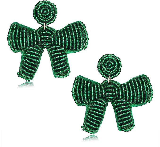 Christmas Earrings Beaded Xmas Bow Earring for Women Handmade Red Green Holiday Bow Drop Dangle E... | Amazon (US)