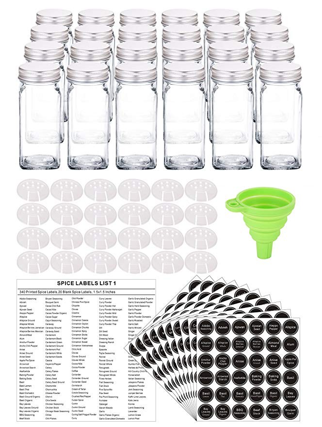 24 Glass Spice Jars with 360 Spice Jar Labels and Funnel Complete Set by SWOMMOLY. 24 Square Glas... | Amazon (US)