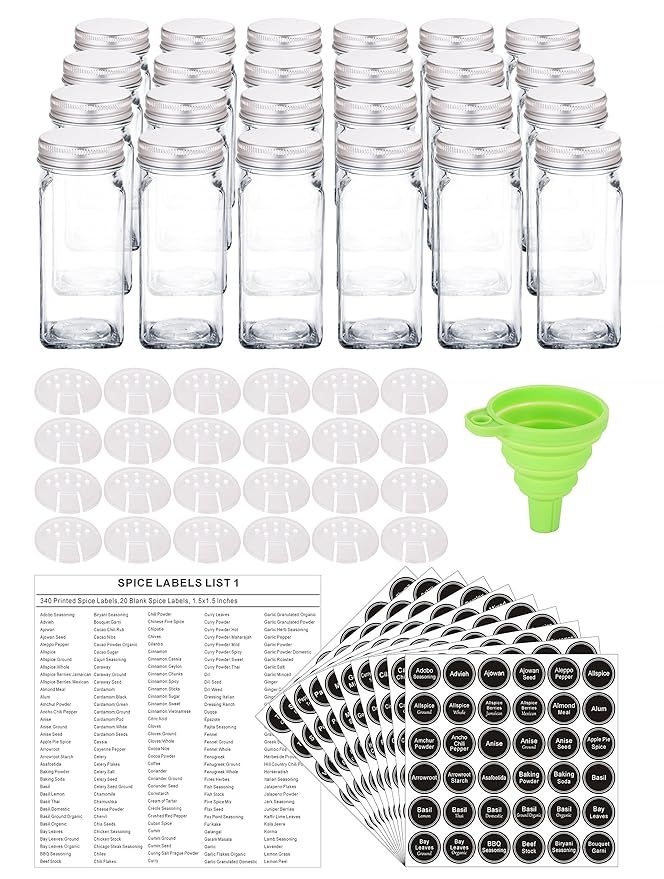 24 Glass Spice Jars with 360 Spice Jar Labels and Funnel Complete Set by SWOMMOLY. 24 Square Glas... | Amazon (US)