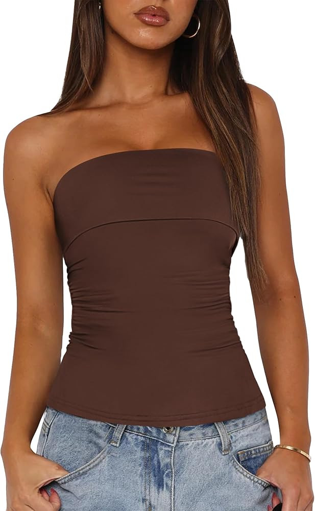 BTFBM Womens Strapless Tube Tops Summer Spring Clothes 2025 Trendy Casual Ruched Stretchy Going O... | Amazon (US)