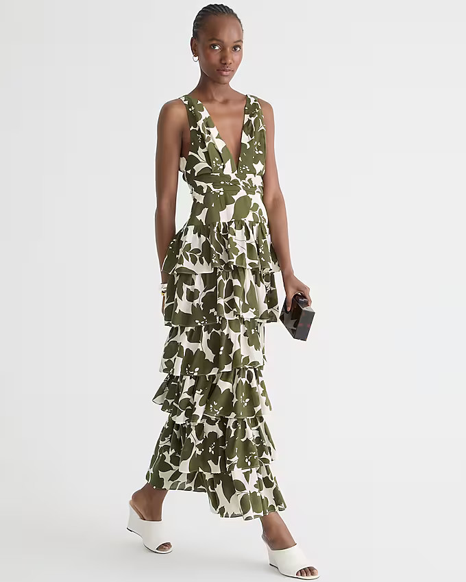 Collection plunge-neck tiered dress in leafy floral | J. Crew US
